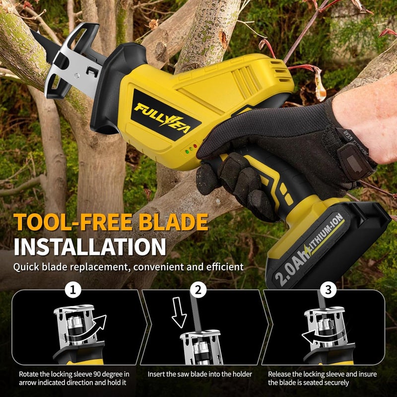 FULLYEA Reciprocating Saw Cordless, Variable Speed 0-3500SPM Power Reciprocating Saw, Tool-Free Blade Change, Battery Reciprocating Saws with 4 Saw Blades for Woods/Metal/Plastic Cutting, Yellow - Image 4